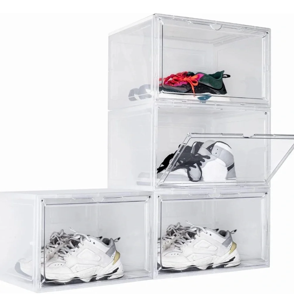 6x Clear Magnetic Shoe Storage Boxes Drop Front Sneaker Organizer Stackable